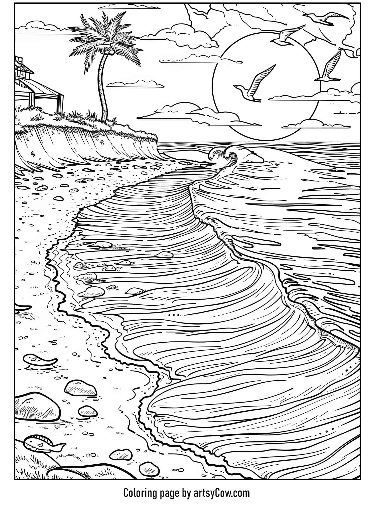 a serene beach scene with waves, a palm tree, and birds at sunset